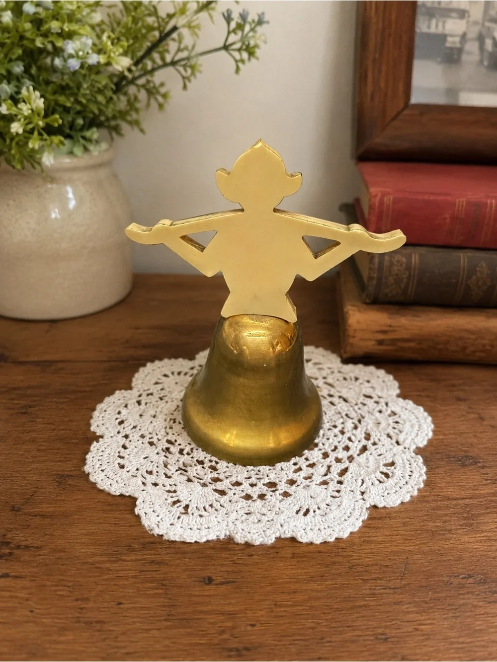 Vintage Brass Bell Cream Lucite Pixie Elf Figure Topper Mid Century Decor